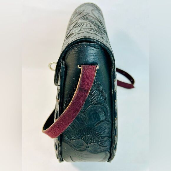 Black Leather Hand-Tooled Embossed Mexican Floral Artisanal Crossbody - Picture 4 of 10